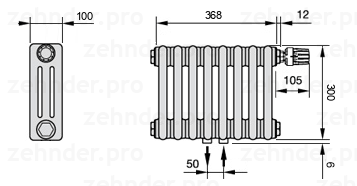Схема (чертеж) Радиатор Zehnder Charleston 3030/8 №V008 Белый глянцевый RAL 9016
